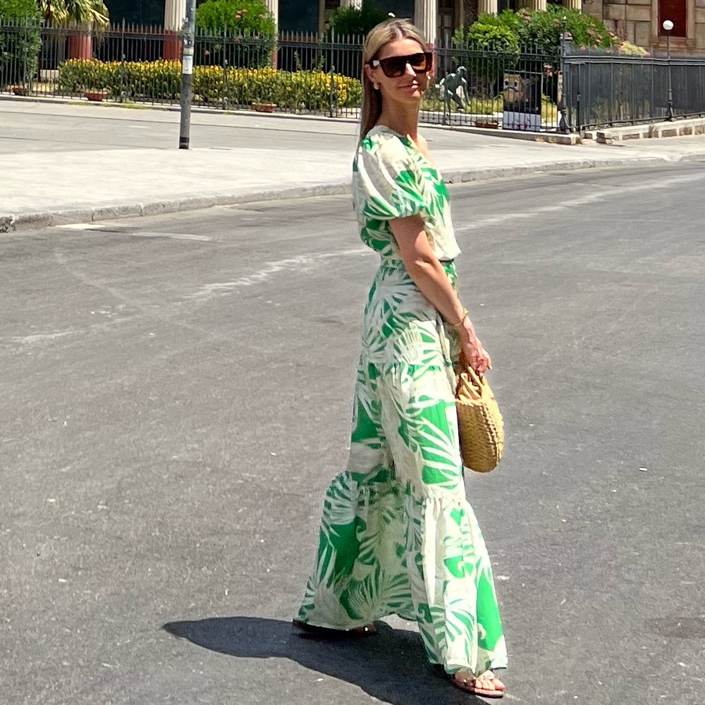 Green Leaf Print Maxi Dress with Fabric Belt